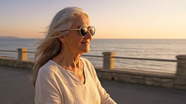 Active senior woman riding an electric scooter on a seaside promenade at sunset. Happy retirement and healthy lifestyle. Modern mobility and freedom concept