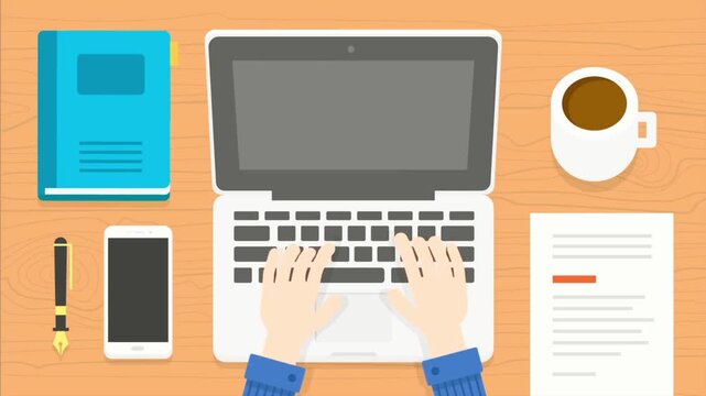 Creative professional working on a laptop at a home office desk with coffee and documents in a flat design style.