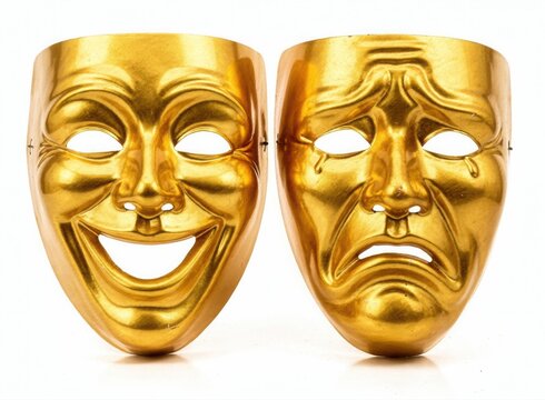 A pair of shiny gold theatrical masks representing the classic comedy and tragedy acting symbols.