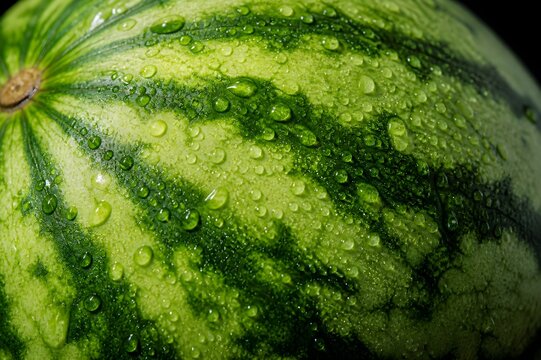 Extreme close up of fresh watermelon rind texture with water droplets, macro detail, natural pattern background