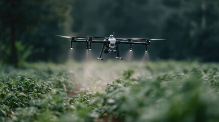 Fototapeta premium Agricultural drone spraying crop field, precision farming technology for smart agriculture
