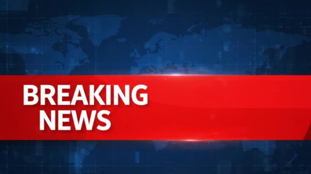 A clean &ldquo;Breaking News&rdquo; lower-third animation featuring bold white text on a red banner over a blue world-map background, styled for modern broadcast and live updates.