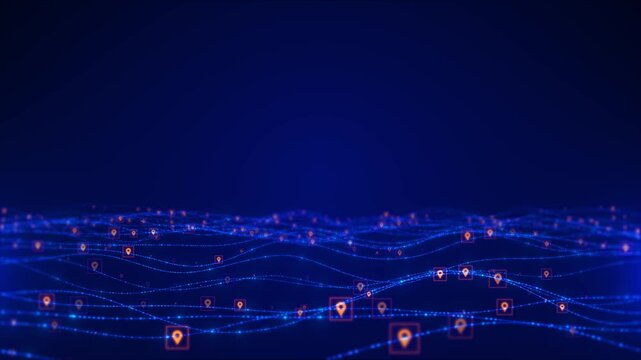 Blue location data waves with glowing route lines, orange map pins, dotted paths, and digital tracking motion. Perfect for GPS videos, logistics promos, delivery systems, travel maps, and overlays.
