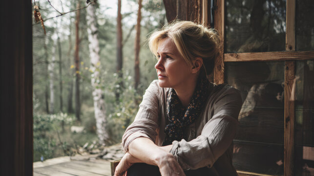 Tired woman sad middle aged window sitting Tired sad middle aged woman sitting by cabin window
