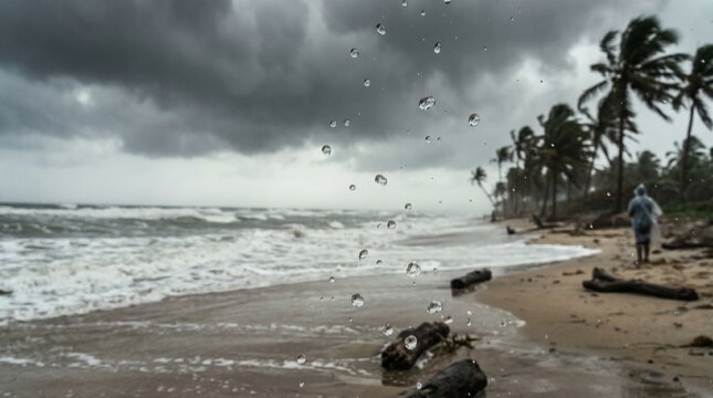 Stormy weather at tropical beach coast.