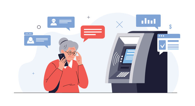 Elderly woman looking confused while using an automated teller machine and talking on her smartphone for banking assistance or support.