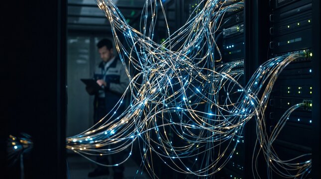 Intricate Network of Fiber Optic Cables Illuminated in a Server Room.