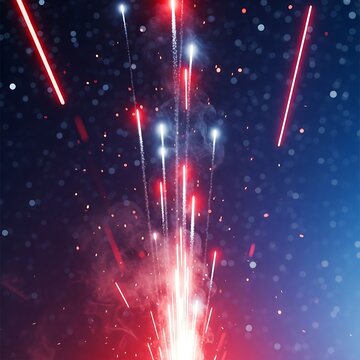 Abstract fireworks display against dark background with light trails