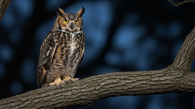 A great horned owl perched on a tree branch at night