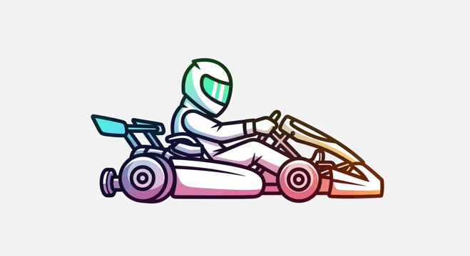 Cartoon Go Kart Racer in White Suit and Helmet on White Background