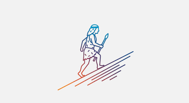 Caveman climbing stairs with spear, evolution concept, ancient man progress, gradient colors