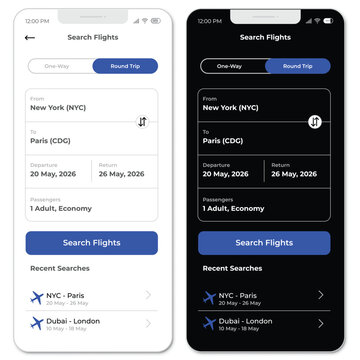 Flight Booking & Airline Ticket Search Mobile UI Kit: Travel App Interface Design Template with Date and Passenger Selector