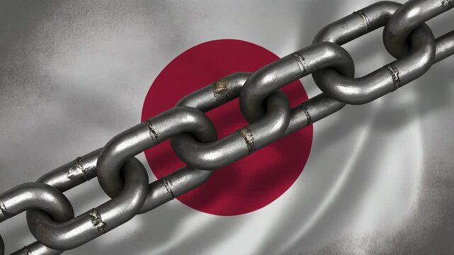 重い鎖に縛られた国旗が示す経済停滞と規制圧力の象徴