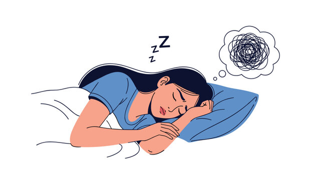 Young woman lying in bed and experiencing a stressful dream or nightmare represented by a messy thought bubble.