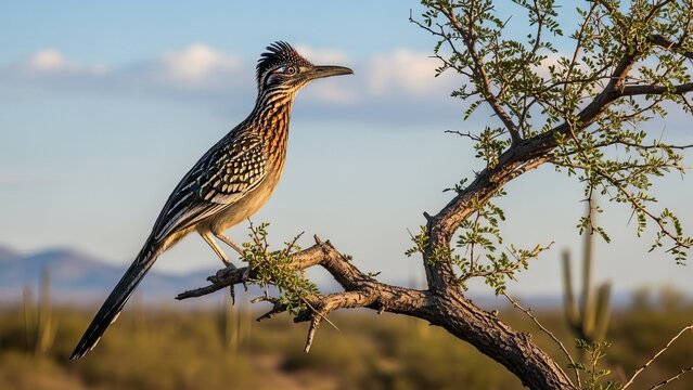 A roadrunner perched on a tree branch in a desert landscape with mountains
