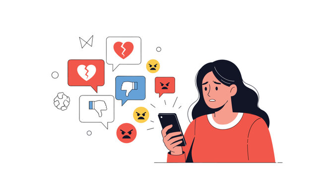 Concerned young woman looking at her smartphone surrounded by negative reaction icons like broken hearts and angry faces from social media.