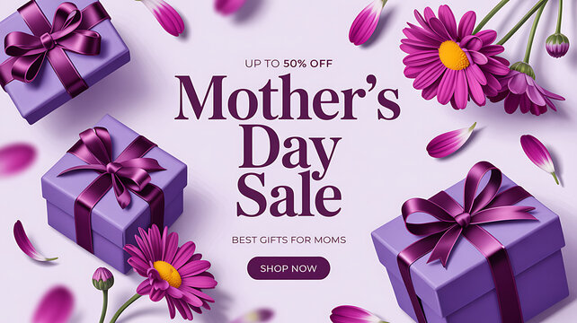 Vibrant Mother's Day Sale banner with purple gift boxes and flowers