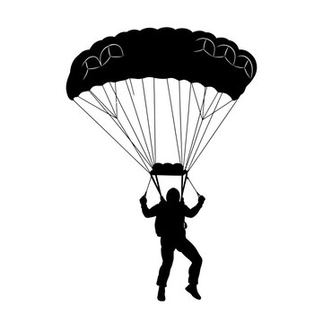 Black silhouette of a skydiver descending with open parachute