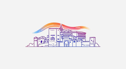 Fototapeta premium Alhambra Palace Granada Spain Outline Illustration Colorful Gradient Sky