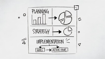 Hand-drawn business process diagram illustrating planning, strategy, and implementation phases with charts and goals.