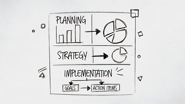 Hand-drawn business process diagram illustrating planning, strategy, and implementation phases with charts and goals.