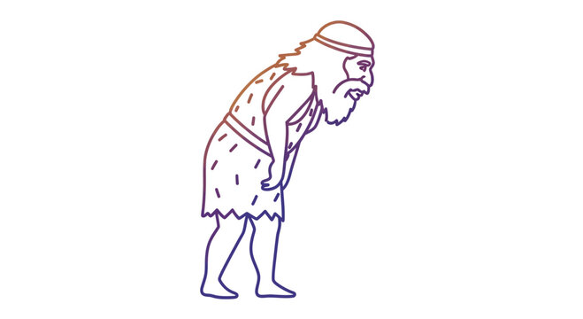 Ancient Man Character Bending Over, Primitive Clothing, Long Beard, Tribal Headband