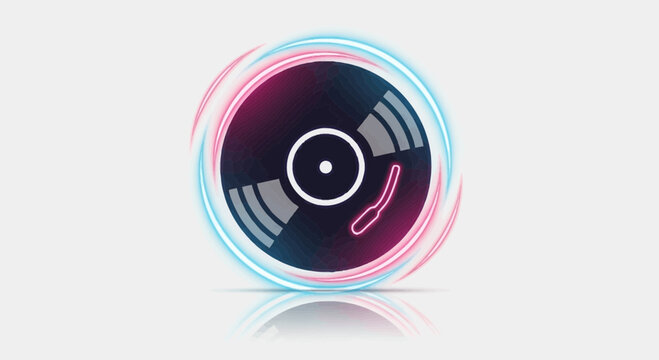 Abstract Vinyl Record with Neon Swirls and Glitch Effect, Retro Music Concept