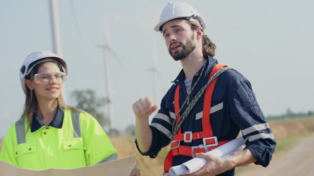 Close up Caucasian engineer man and woman discuss together using drawing paper and stay in front of row of windmill or wind turbine with blue sky and man also point forward.