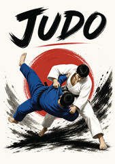 082-50-Two judoka performing a throw against a japanese rising sun and brush strokes © Lev