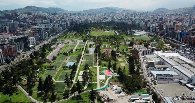 Aerial establishing shot of La Carolina Park and Quito skyline, Ecuador