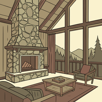 Cozy rustic cabin interior with stone fireplace interior fireplace livingroom mountain architecture comfortable furniture illustration landscape building vacation traditional woodland