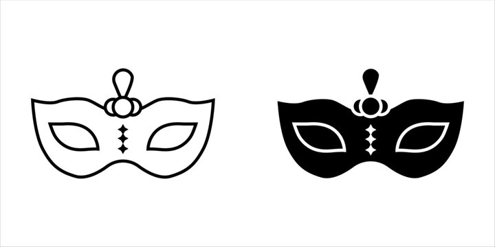 Minimalist masquerade mask icon set in line art and solid black silhouette styles for carnival or party celebration