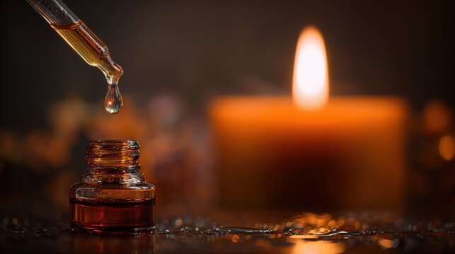 aromatherapy essential oil dropper over lit candle for relaxation and wellness in warm ambient lighting