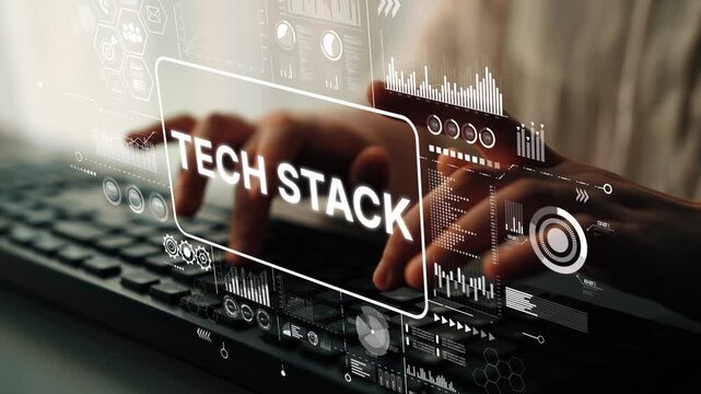 Future Technology Interface with Digital Graphs and Keyboard Focus on Tech Stack Concept. Asymptotic smart data analytic.
