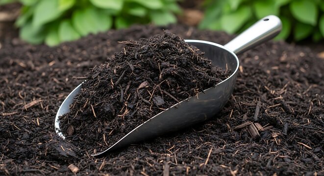 Garden trowel with fresh soil and compost