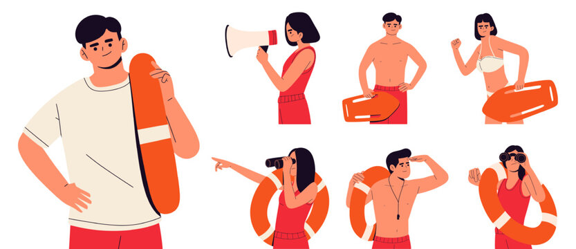 Flat vector illustration set of lifeguards and beach safety characters with rescue equipment. modern cartoon style, isolated on light background for web, app and editorial design use