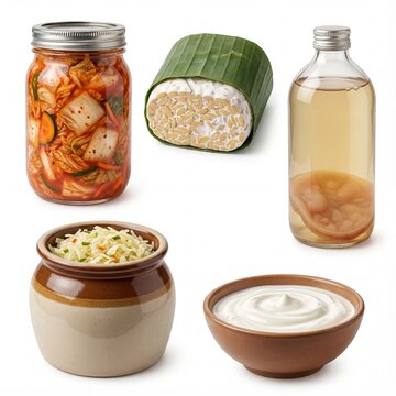 A curated selection of fermented foods including kimchi, tempeh, kombucha, sauerkraut, and yogurt, showcasing a variety of healthy probiotic options
