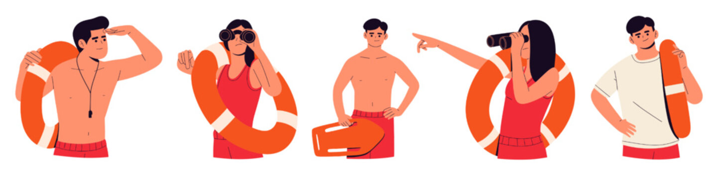 Flat vector illustration set of lifeguards and beach safety characters with rescue equipment, people holding lifebuoy rings, megaphone and binoculars, coastal safety concept, summer beach activity