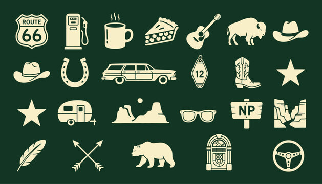 Vintage American road trip icon set for travel and adventure branding
