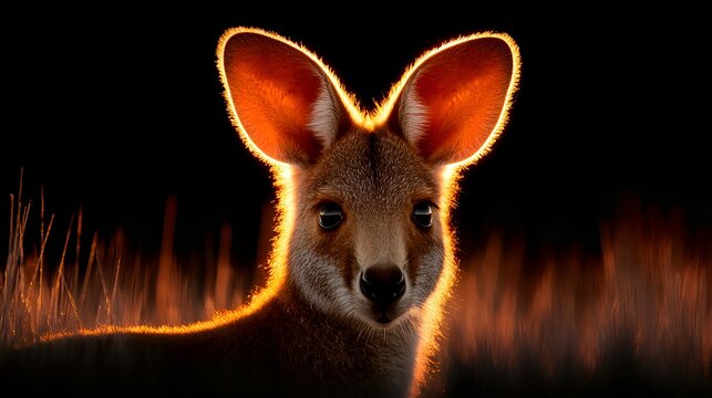A young kangaroo stands alert on red dirt with a warm golden sunset glow in the Australian outback, looking directly at the viewer now.