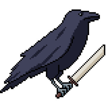 pixel art isolated background of crow holding sword