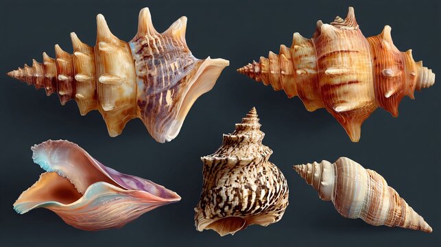 Various sea shells displayed on dark studio background