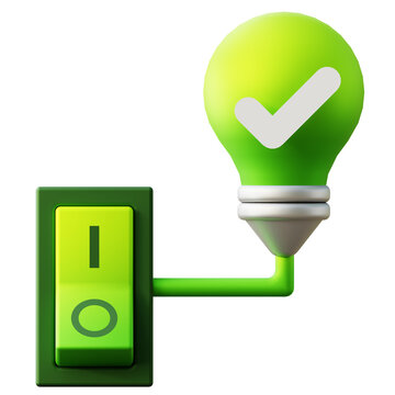 3d green power switch with light bulb
