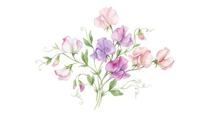 Fototapeta premium Delicate Watercolor Illustration of Sweet Pea Flowers in Soft Pink and Purple Shades