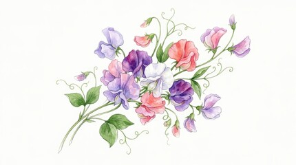 Fototapeta premium Vibrant Floral Arrangement with Sweet Peas and Delicate Greenery on Soft White Background