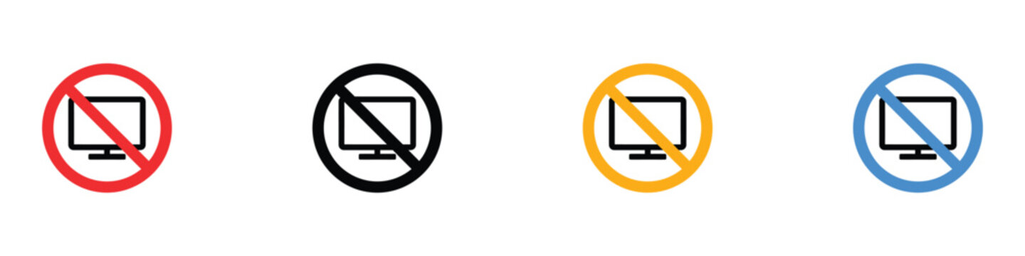 No television and monitor prohibition sign icon set. Isolated vector illustration of red, black, yellow, and blue forbidden symbols with screen silhouette for restricted area safety.