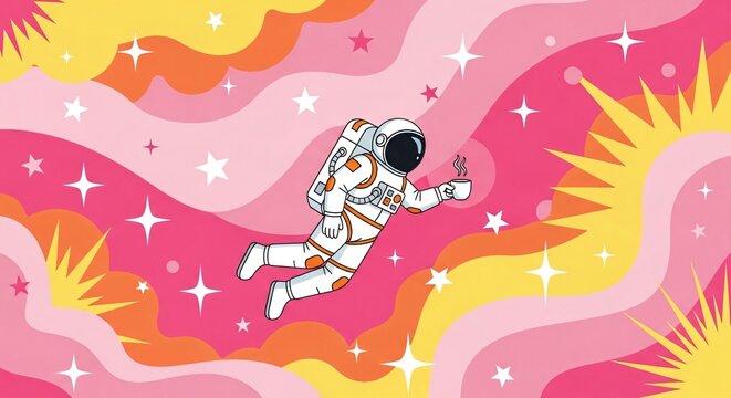 Whimsical astronaut floating in colorful psychedelic galaxy with stars and sunbursts drinking coffee