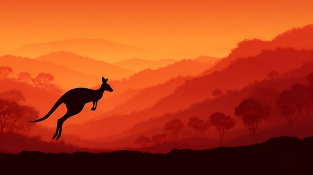 A kangaroo silhouette jumps against a vibrant orange and red layered mountain range landscape at sunset in the Australian outback scene.