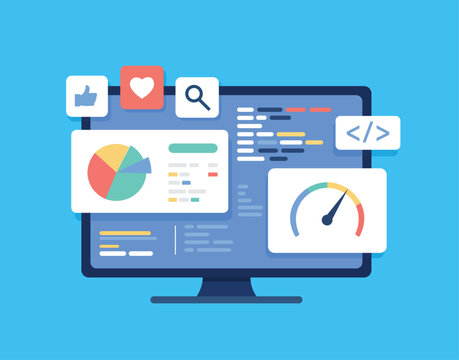 SEO Analytics Dashboard with Charts Code and Speed Gauge &ndash; Web Performance Digital Marketing Vector