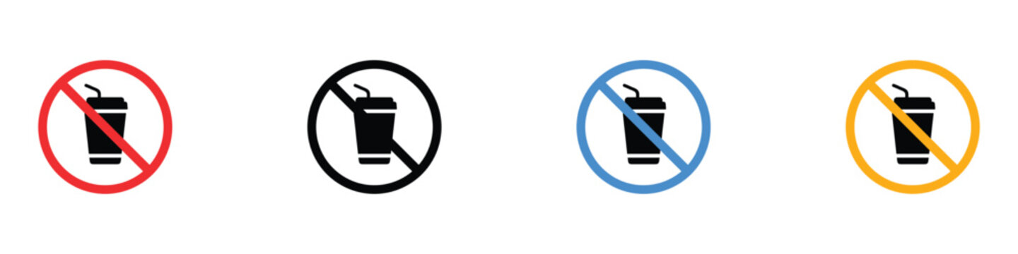 No drinks and food prohibition sign icon set. Isolated vector illustration of red, black, blue, and yellow forbidden symbols with disposable cup silhouette for restricted public area safety.